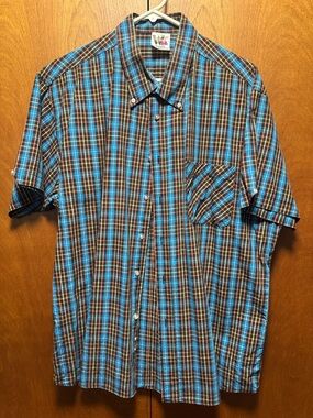 Warrior Men's Short-Sleeve Plaid Button-Shirt - Teal, Brown, Yellow and Orange